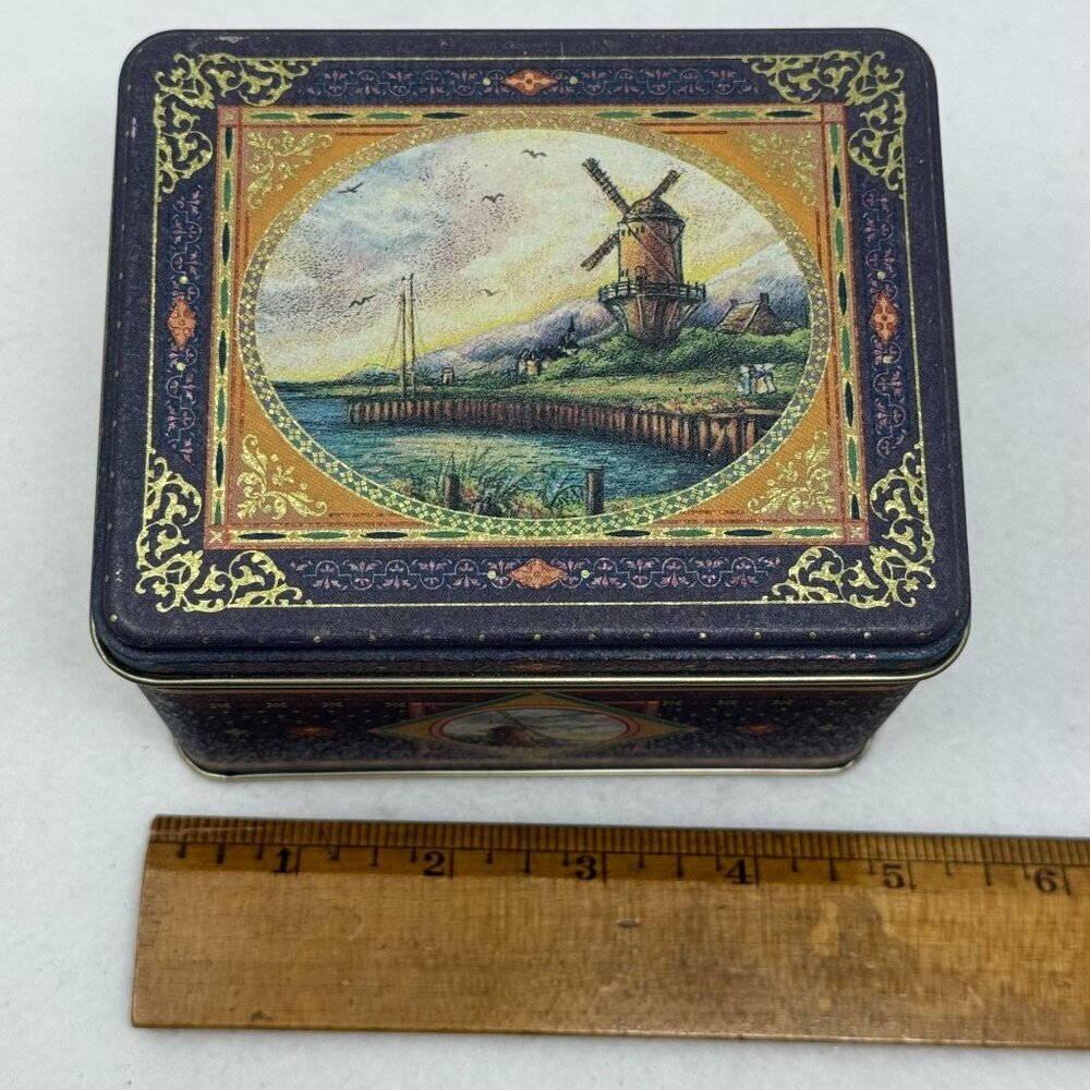 Vintage Square Tin Box Dutch Windmill Blue Gold Accents Lid Cottagecore Storage - Picture 8 of 9